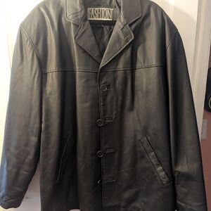 Men's Black Leather Pea Coat